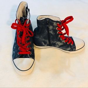 Hidden Heel Denim Lace Up High Top Sneakers